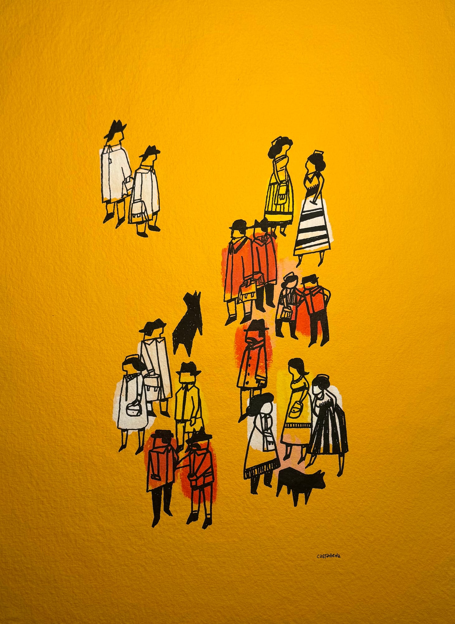 Multitud en Amarillo, Naranja y Rosa con un Niño, una Niña y dos Perros