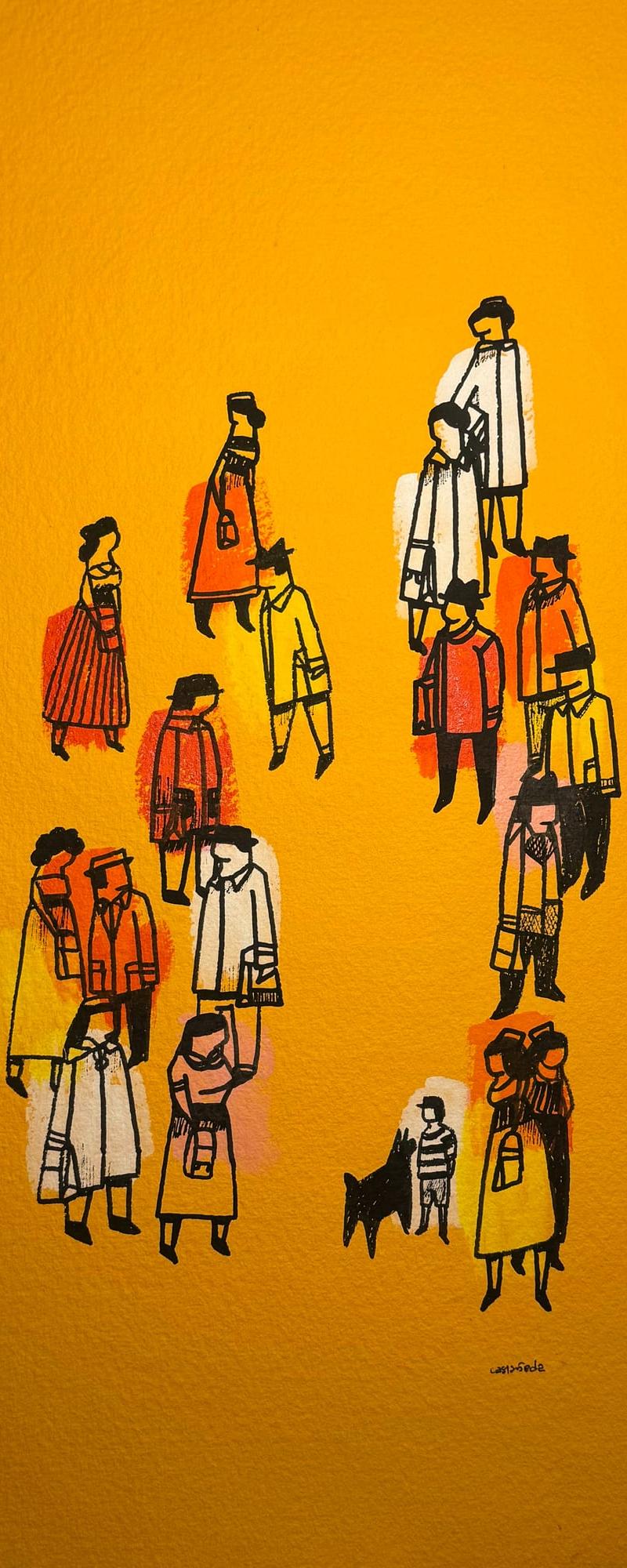 Multitud en Amarillo, Naranja y Rosa con un Niño y su Perro – Mariano Castañeda