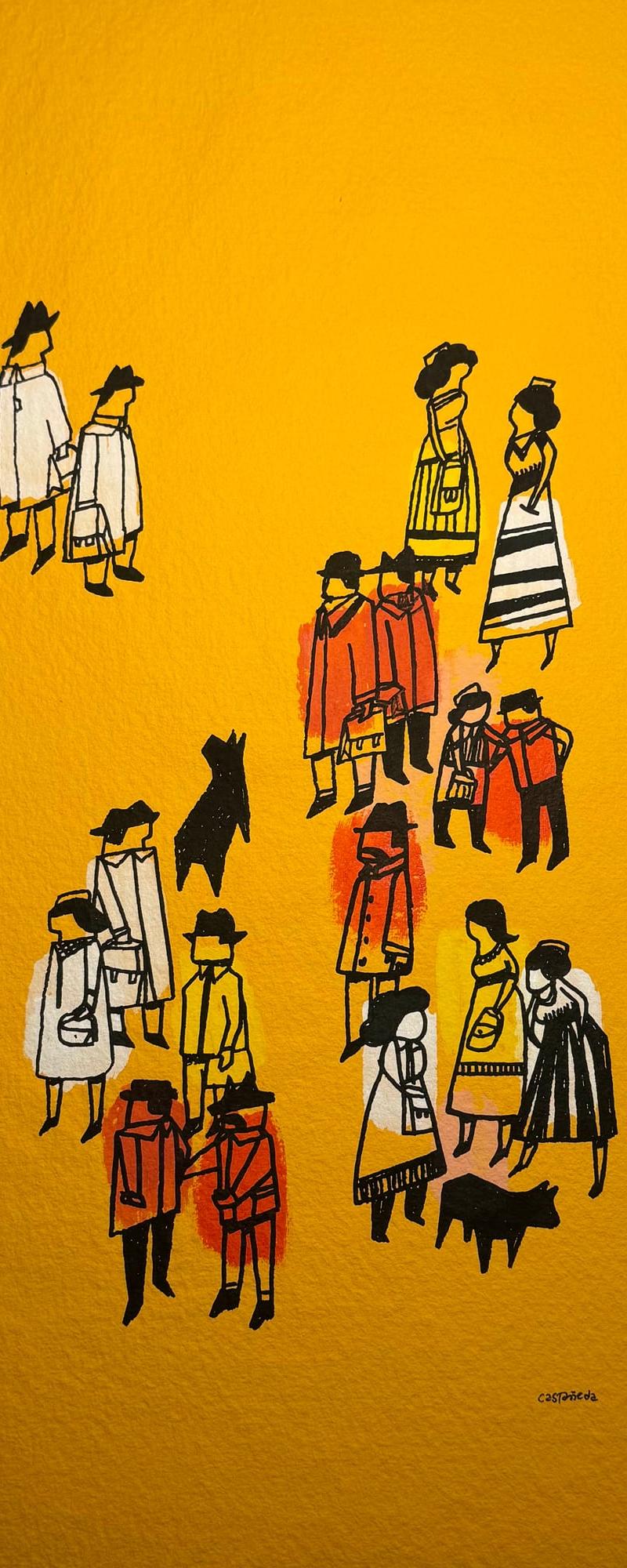 Multitud en Amarillo, Naranja y Rosa con un Niño, una Niña y dos Perros – Mariano Castañeda